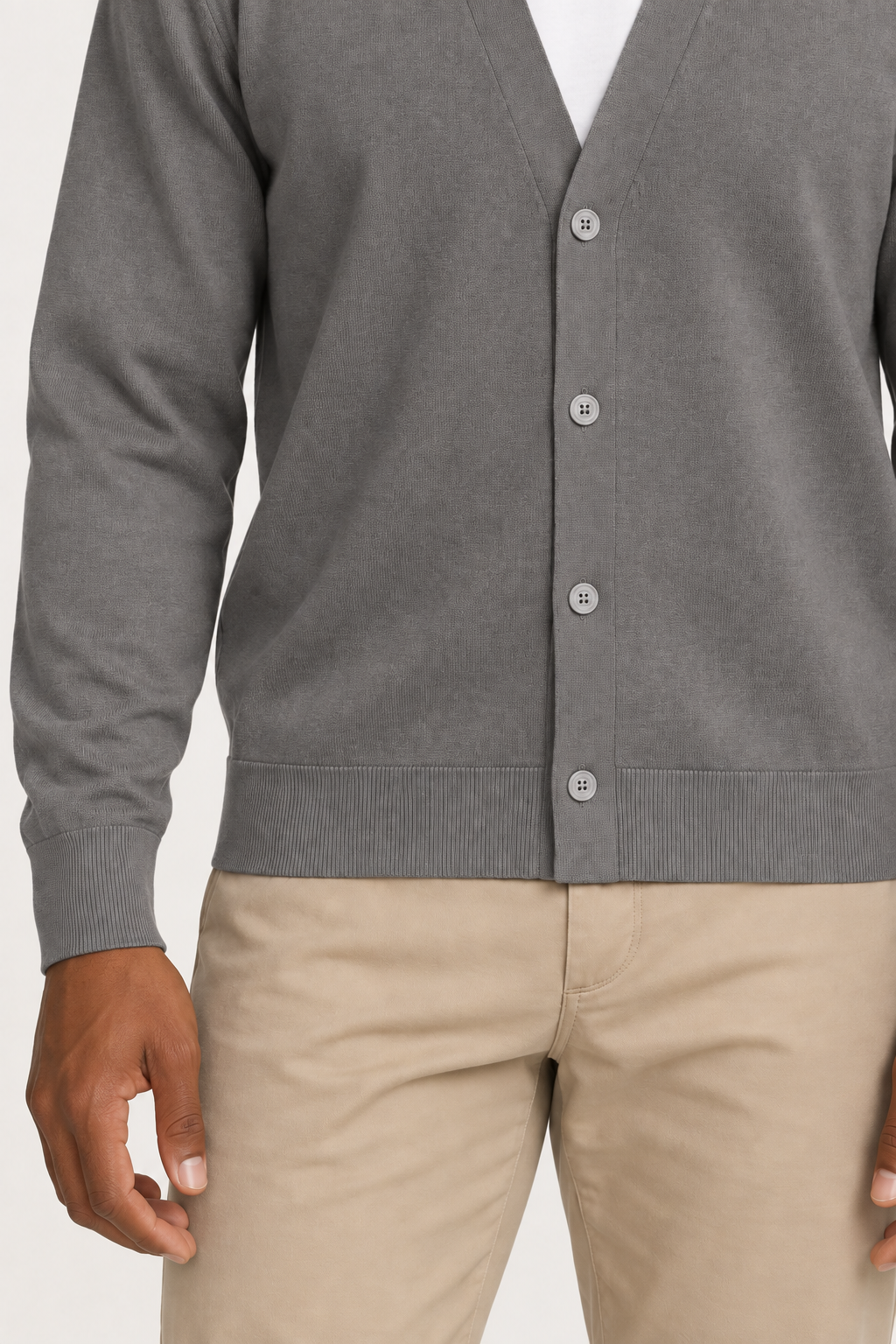 After Hours Cardigan in Dk Grey. Close-up showing the buttons, fine knit and ribbed hem and cuff.