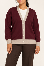 Soft Interval Cardigan in Burgundy with Coco Trim. Front studio view showing the plain knit and four-button contrast front.