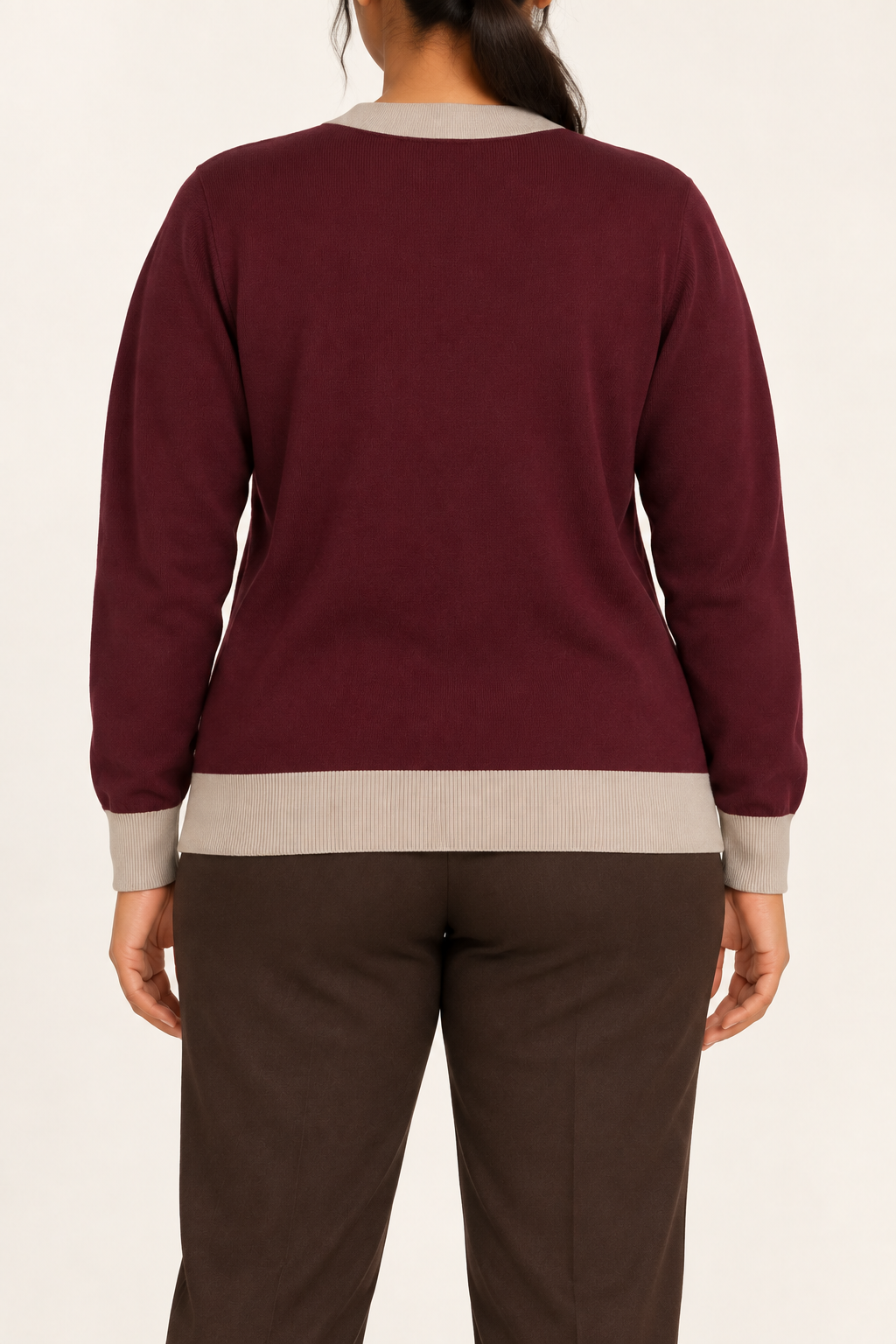 Soft Interval Cardigan in Burgundy with Coco Trim. Rear studio view showing the plain burgundy back and Coco ribbed edges.