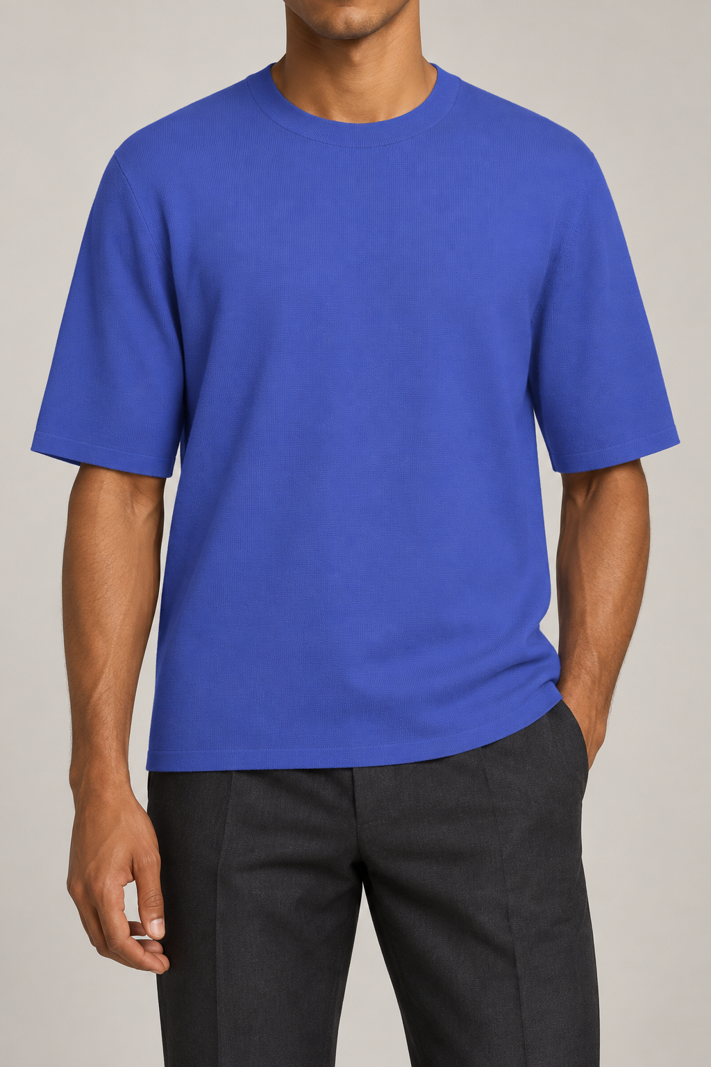 Front studio view of Open Hours Knit T-Shirt in Royal, showing plain blue knit and crew neckline.