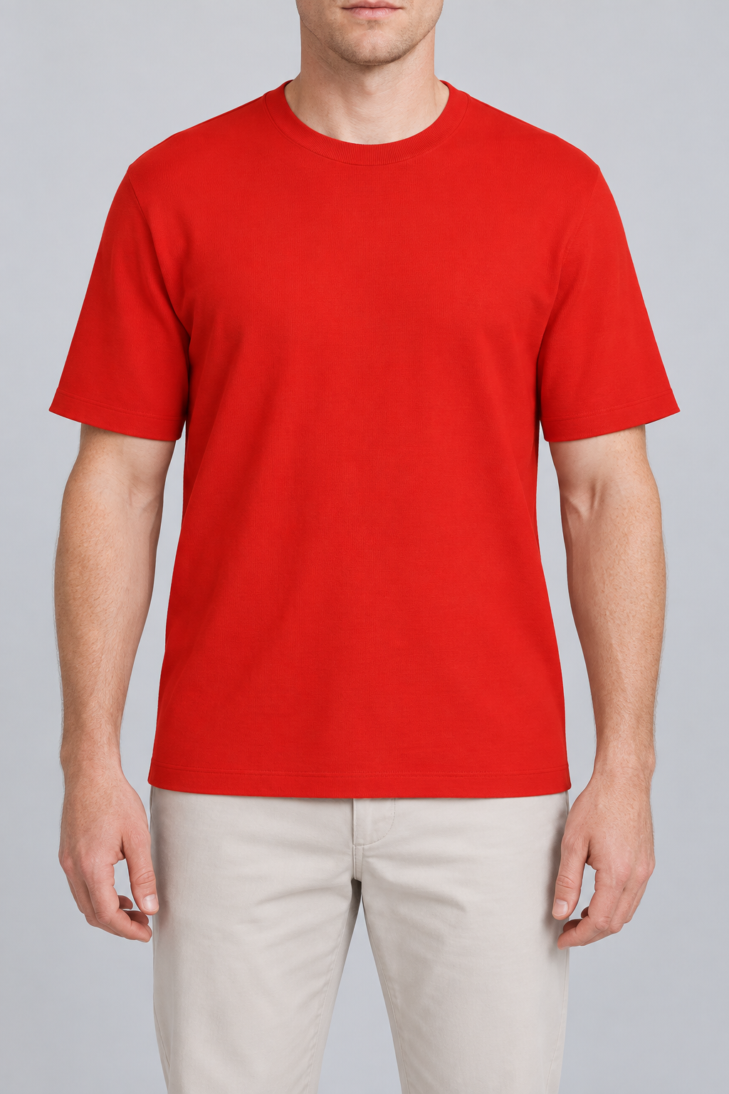 Front studio view of Open Hours Knit T-Shirt in Chili, showing plain red knit and crew neckline.