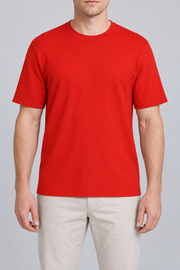 Front studio view of Open Hours Knit T-Shirt in Chili, showing plain red knit and crew neckline.