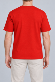 Rear studio view of Open Hours Knit T-Shirt in Chili, showing plain red back and short sleeves.