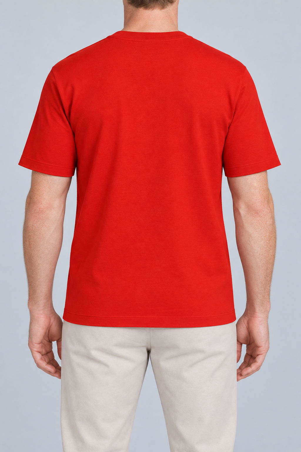 Rear studio view of Open Hours Knit T-Shirt in Chili, showing plain red back and short sleeves.