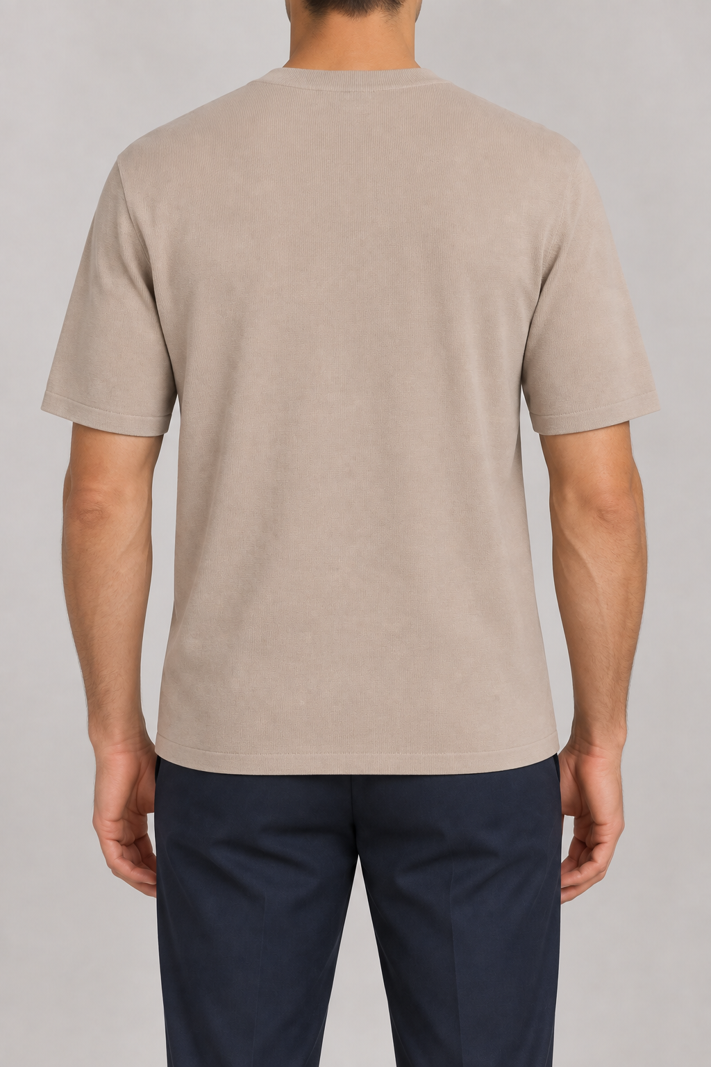 Rear studio view of Open Hours Knit T-Shirt in Coco, showing plain neutral back and short sleeves.