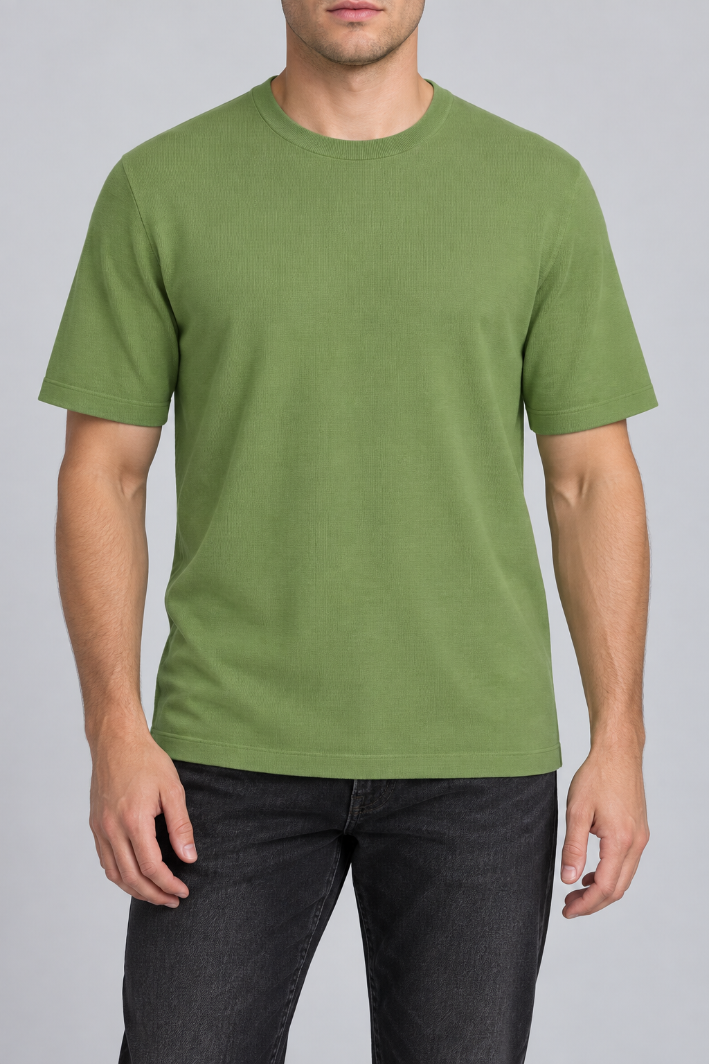 Front studio view of Open Hours Knit T-Shirt in Grass, showing plain green knit and crew neckline.