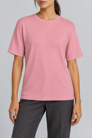 Front studio view of Soft Tempo Knit T-Shirt in Pink, showing plain pink knit and crew neckline.
