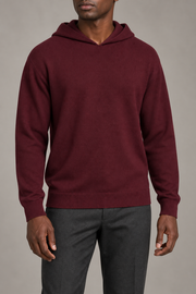 Hero front showing the plain Burgundy knit and hood of Off Hours Knit Hoodie in Burgundy.