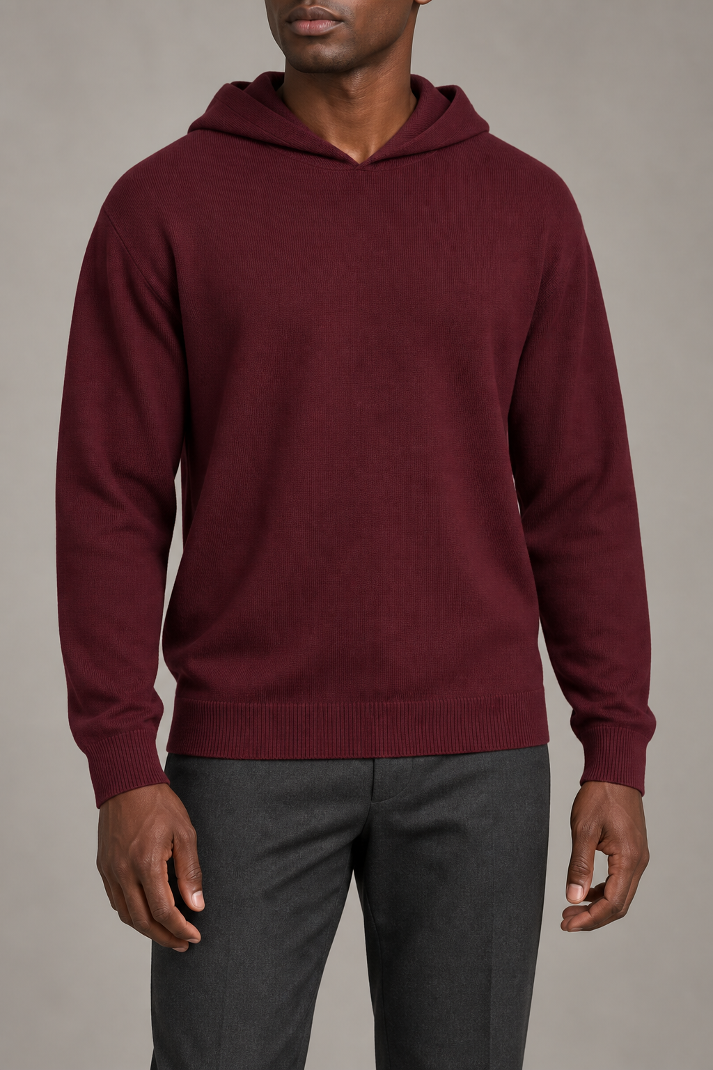 Hero front showing the plain Burgundy knit and hood of Off Hours Knit Hoodie in Burgundy.