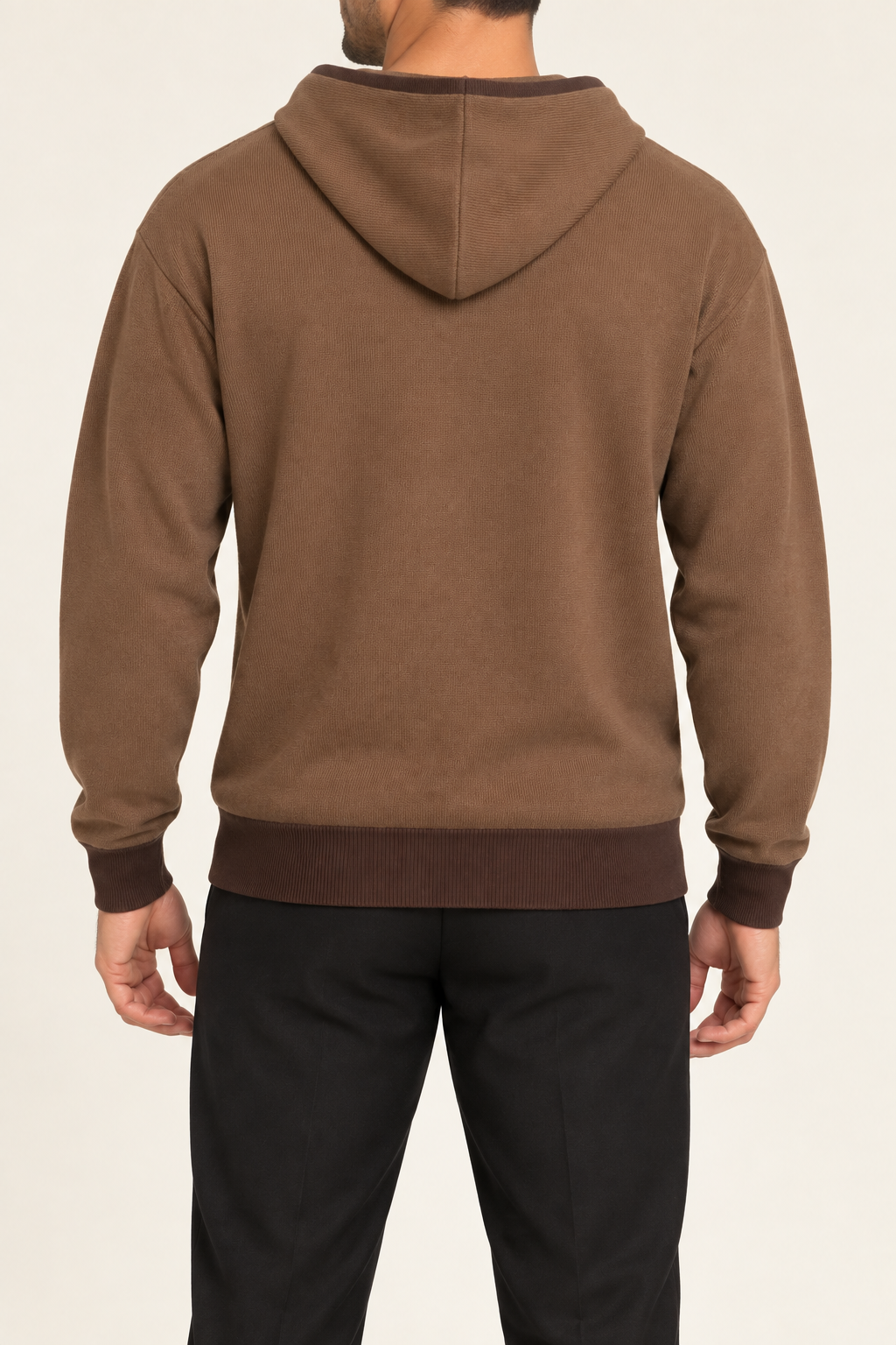 Rear view showing the plain back and contrasting hem of Off Hours Knit Hoodie in Toffee with Soil Trim.