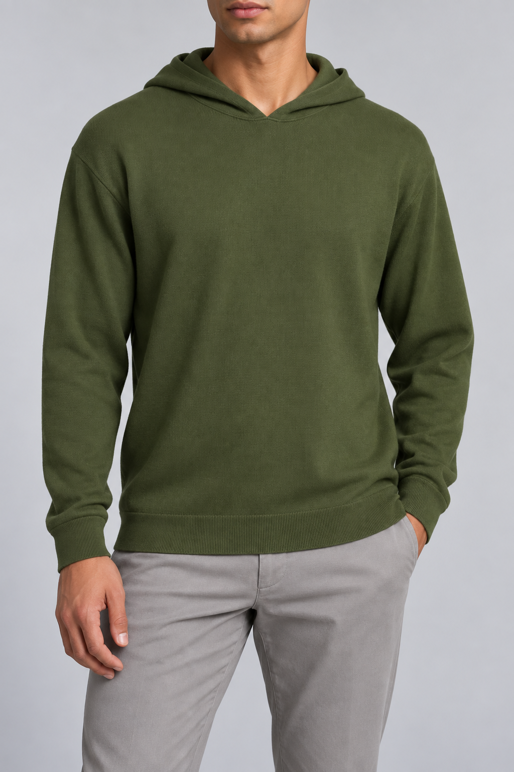 Hero front showing the plain Olive knit and hood of Off Hours Knit Hoodie in Olive.