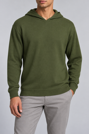 Hero front showing the plain Olive knit and hood of Off Hours Knit Hoodie in Olive.