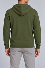 Rear view showing the plain back and draped hood of Off Hours Knit Hoodie in Olive.