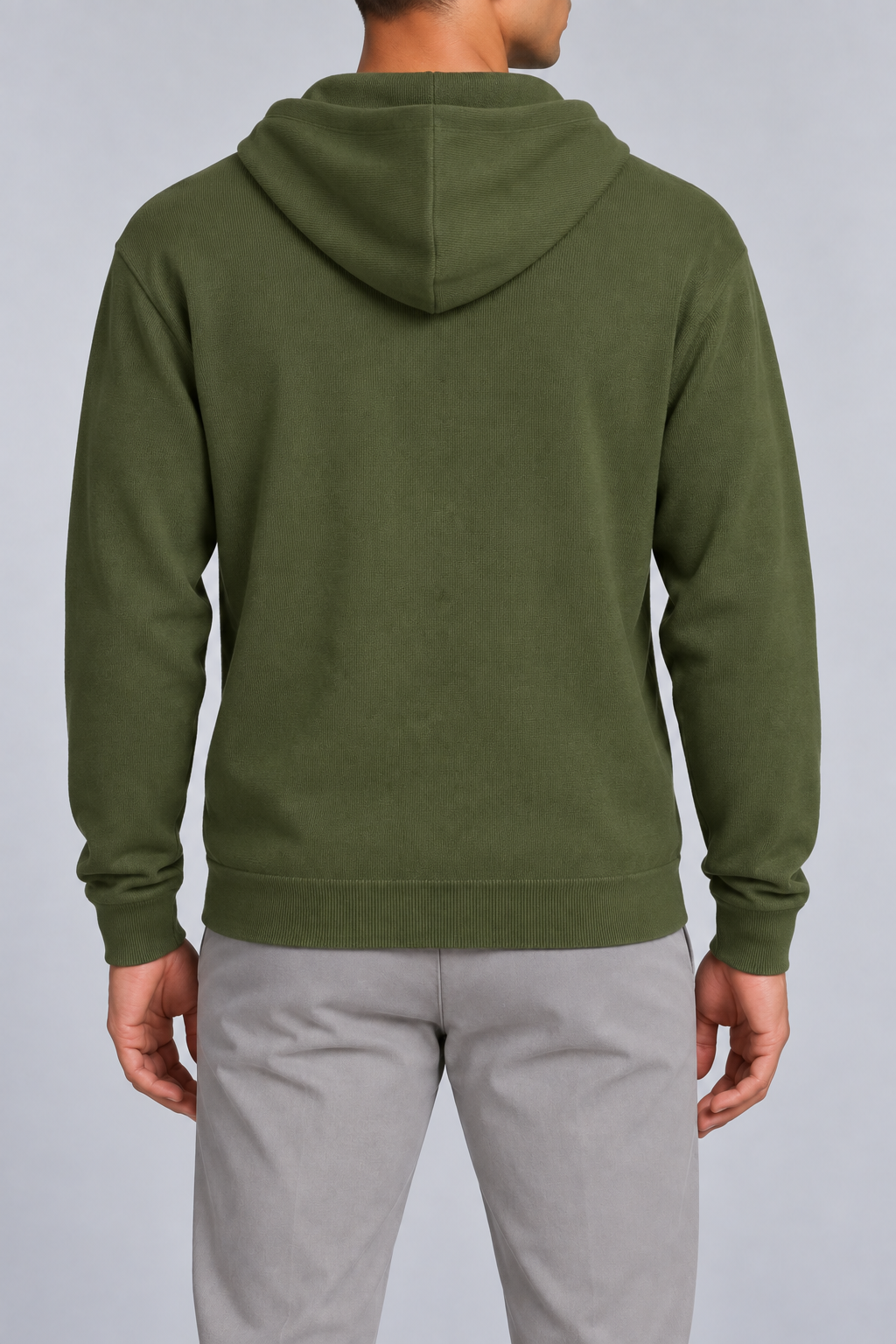 Rear view showing the plain back and draped hood of Off Hours Knit Hoodie in Olive.