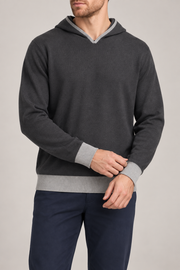 Hero front showing the plain Charcoal knit and Grey trim of Off Hours Knit Hoodie in Charcoal with Grey Trim.