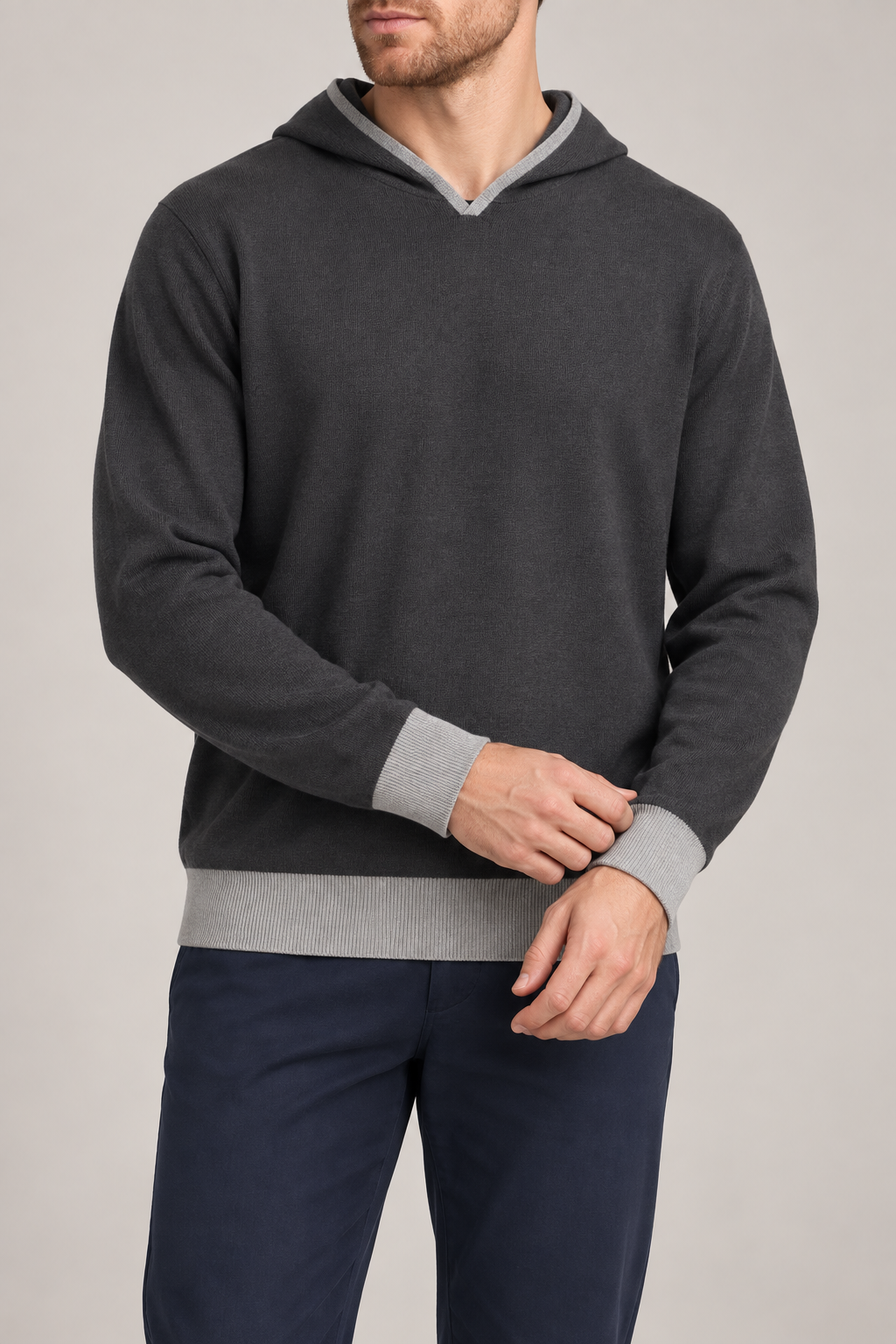 Off Hours Knit Hoodie in Charcoal with Grey Trim