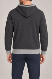 Rear view showing the plain back and contrasting Grey hem of Off Hours Knit Hoodie in Charcoal with Grey Trim.