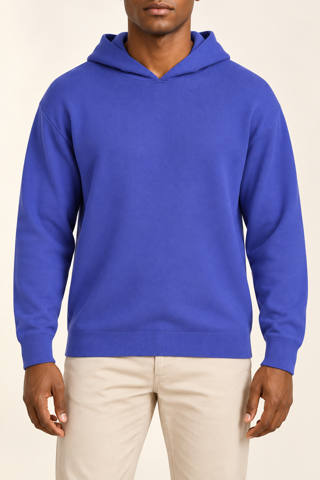 Hero front showing the plain Royal blue knit and hood of Off Hours Knit Hoodie in Royal.
