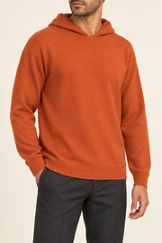 Hero front showing the plain Burnt Orange knit and hood of Off Hours Knit Hoodie in Burnt Orange.