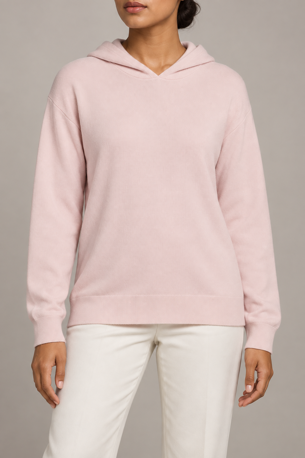 Hero front showing the plain Lt Pink knit and hood of Quiet Ease Knit Hoodie in Lt Pink.