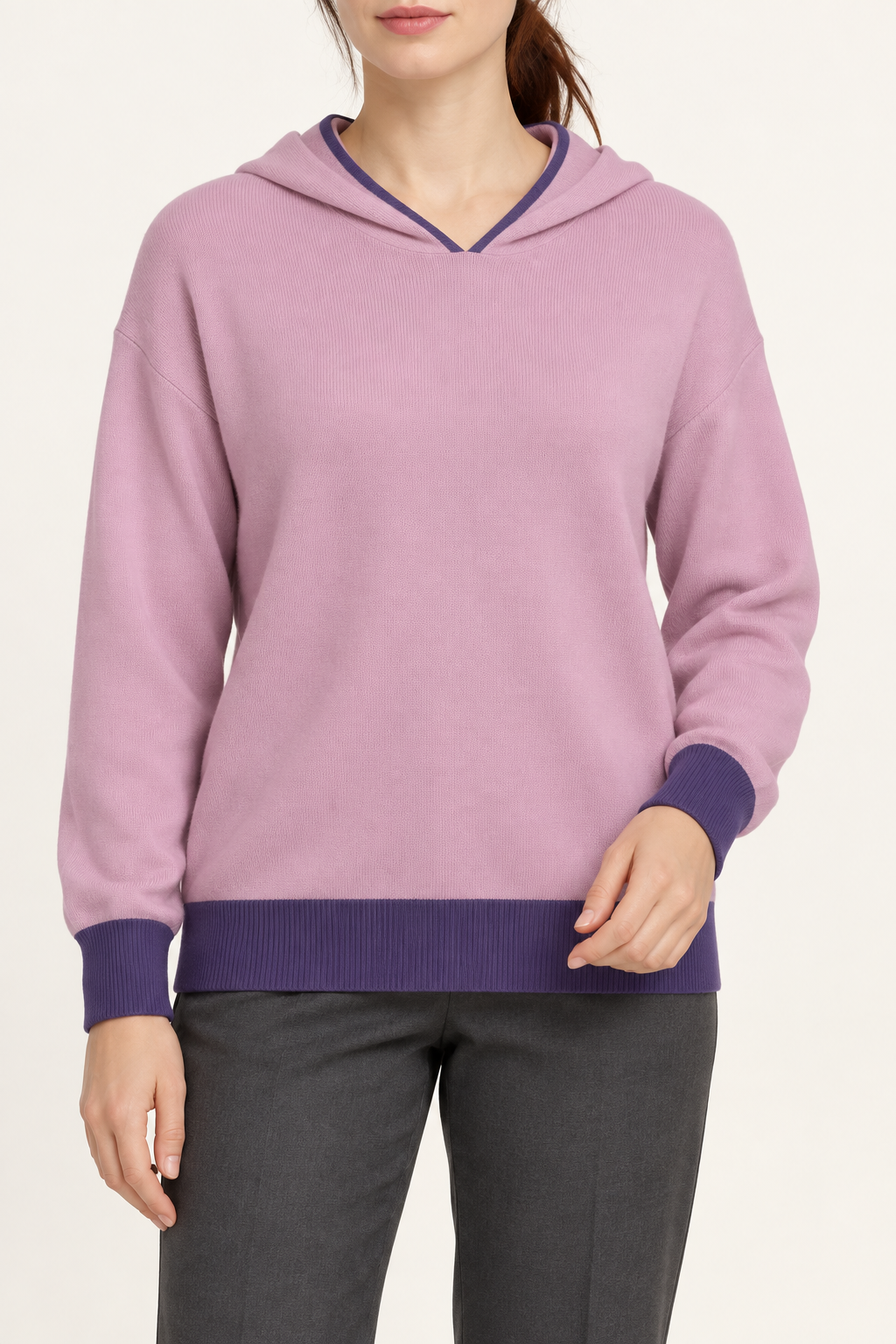 Quiet Ease Knit Hoodie in Lilac with Violet Trim