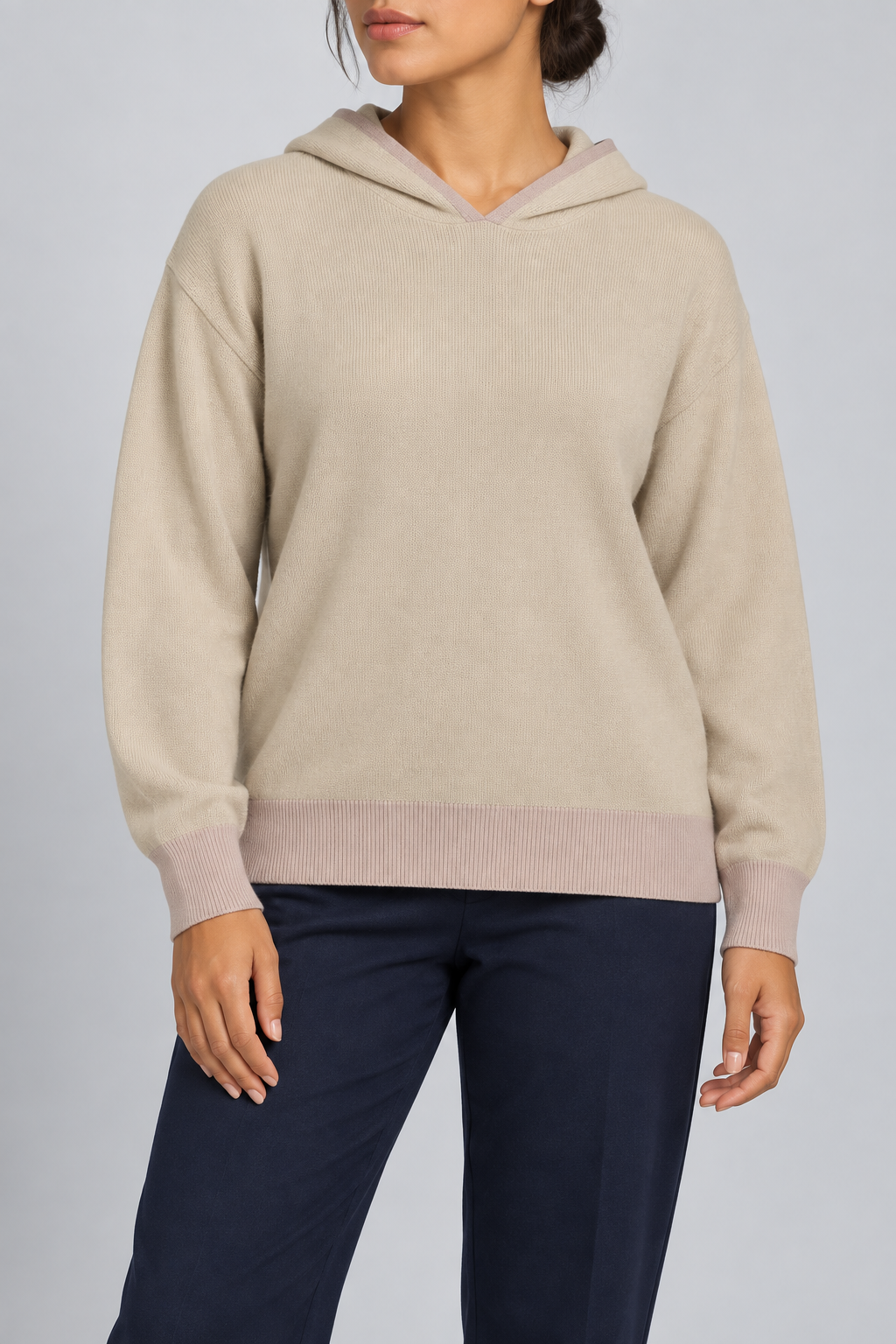 Quiet Ease Knit Hoodie in Beige with Taupe Trim