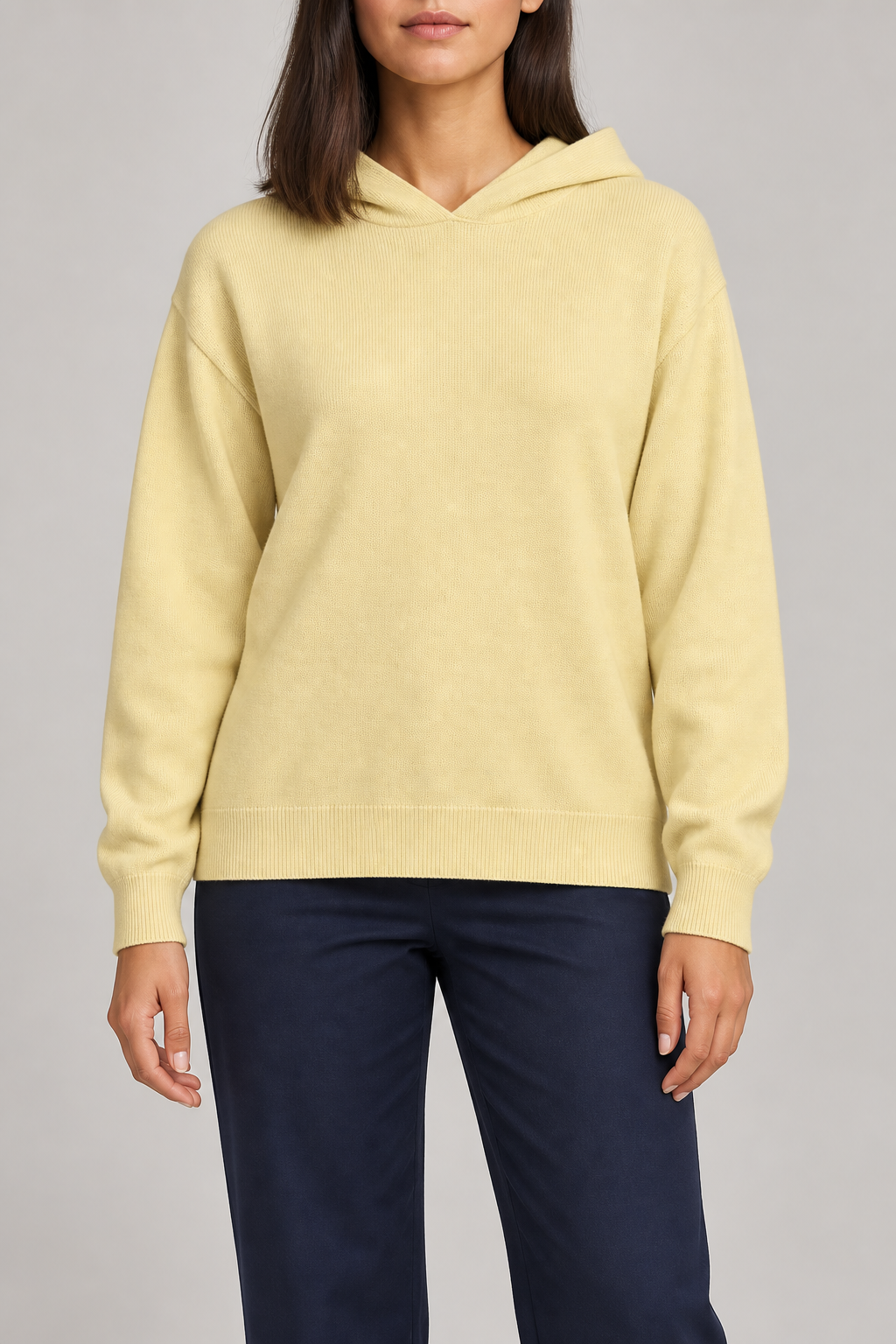 Hero front showing the plain Mellow yellow knit and hood of Quiet Ease Knit Hoodie in Mellow.