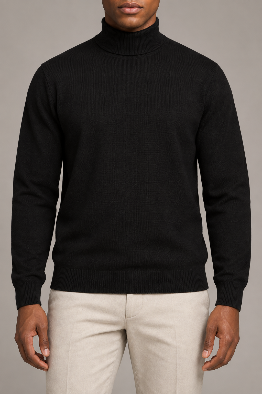 Hero front showing the plain Black turtleneck and fine knit of Still Season Turtleneck Sweater in Black.