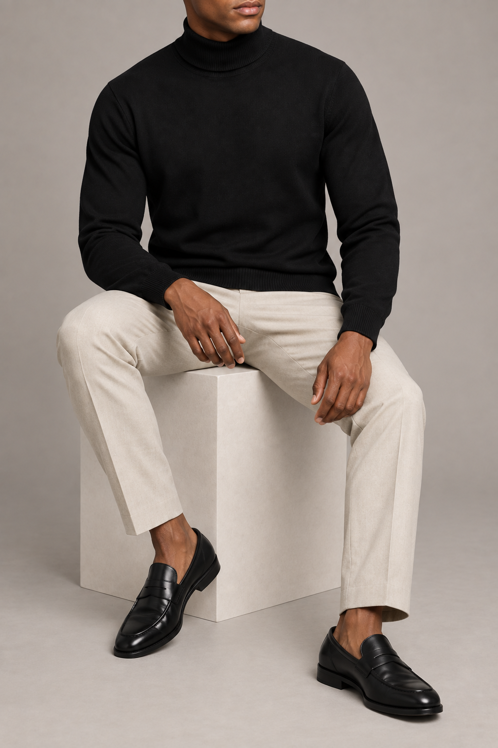Seated view showing the Black knit drape and long sleeves of Still Season Turtleneck Sweater in Black.