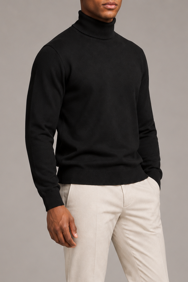 Three-quarter side view showing the Black silhouette and ribbed edges of Still Season Turtleneck Sweater in Black.