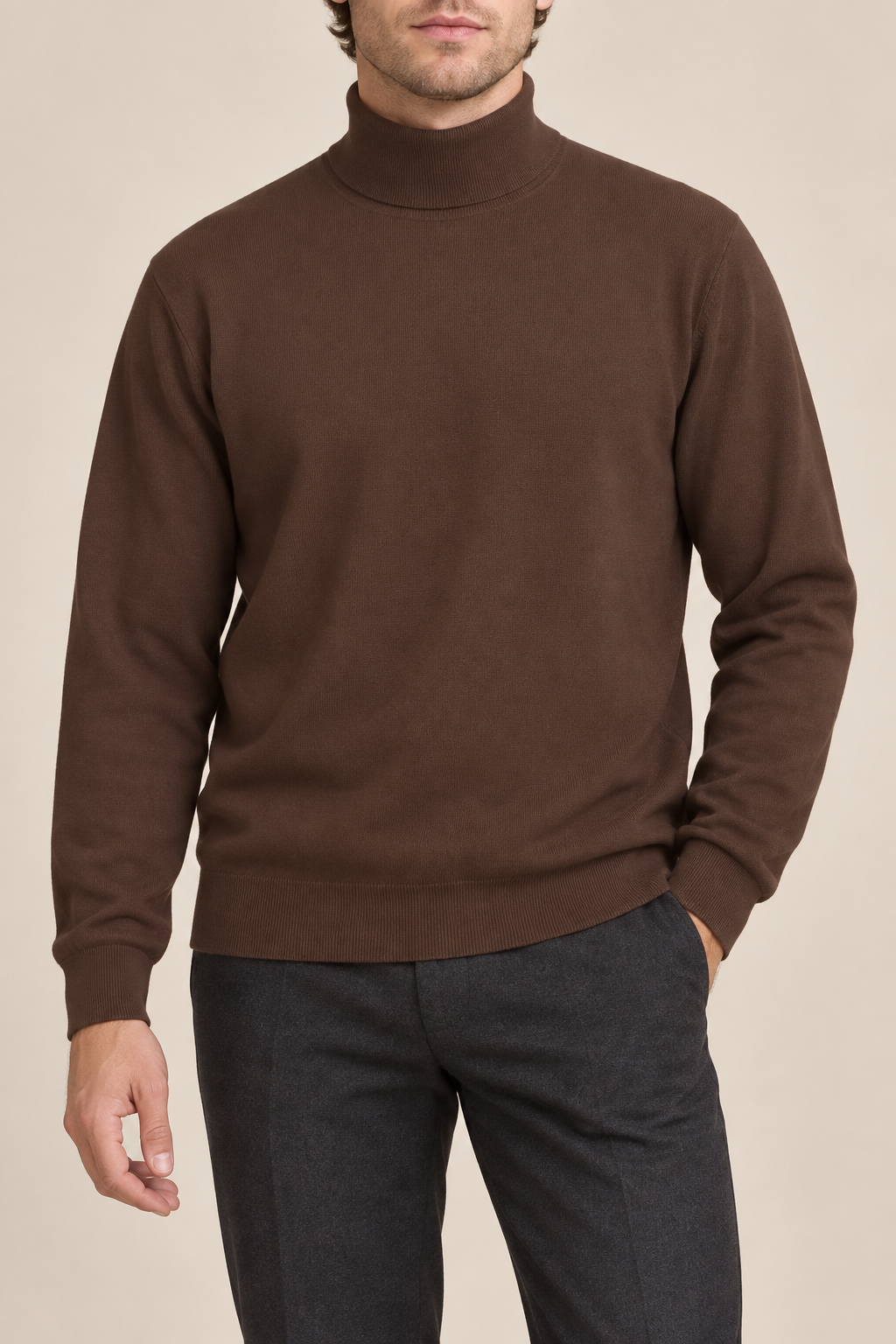 Hero front showing the plain Soil brown turtleneck and fine knit of Still Season Turtleneck Sweater in Soil.