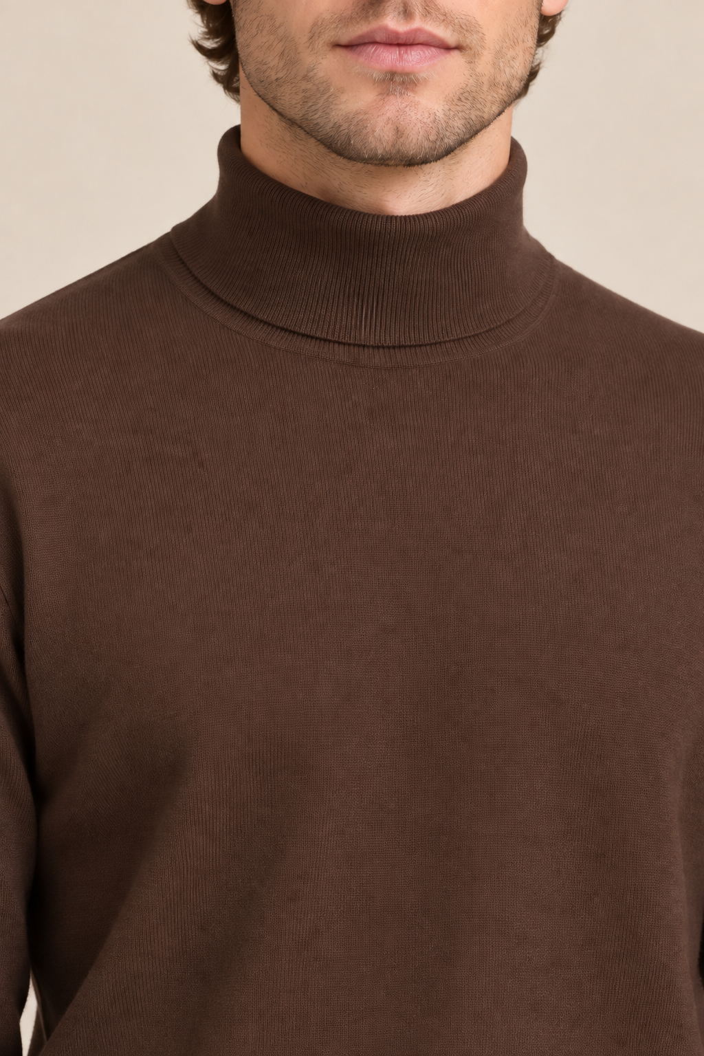 Close-up showing the Soil brown turtle neckline and fine knit texture of Still Season Turtleneck Sweater in Soil.