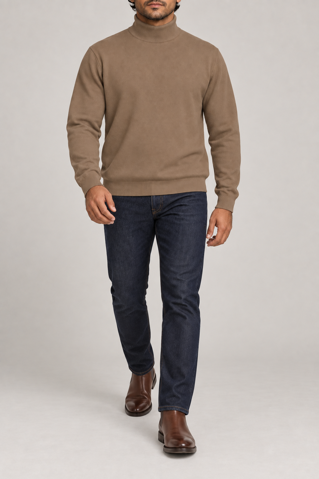 Walking view showing the Peanut knit drape and long sleeves of Still Season Turtleneck Sweater in Peanut.