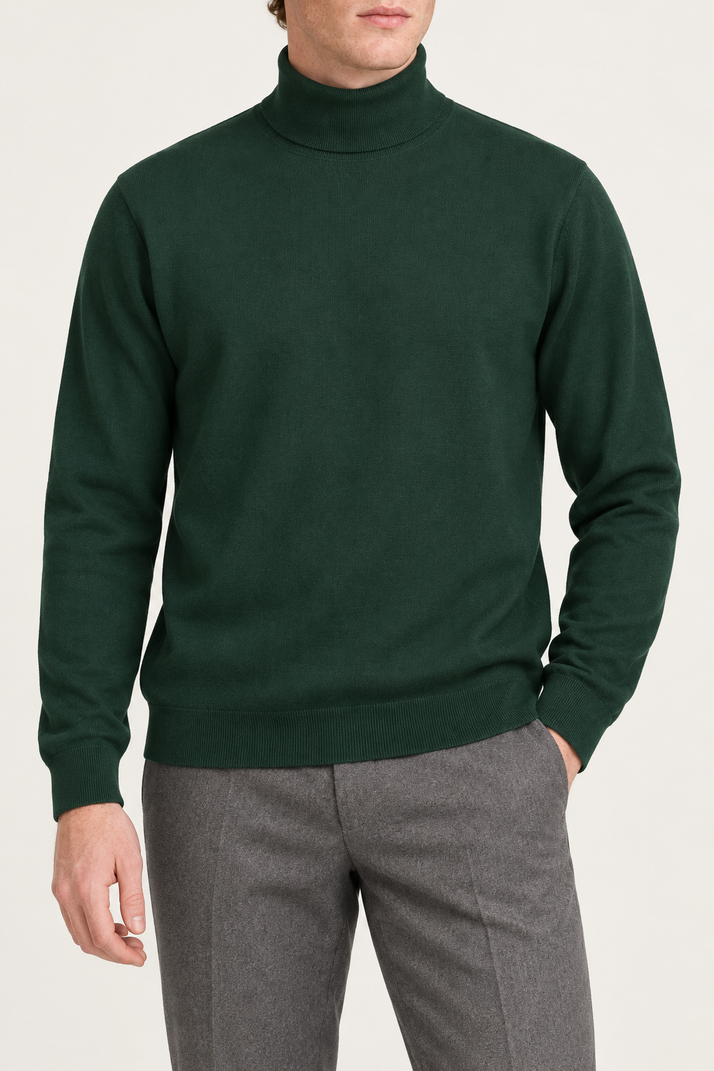 Hero front showing the plain Pine green knit and high collar of Still Season Turtleneck Sweater in Pine.