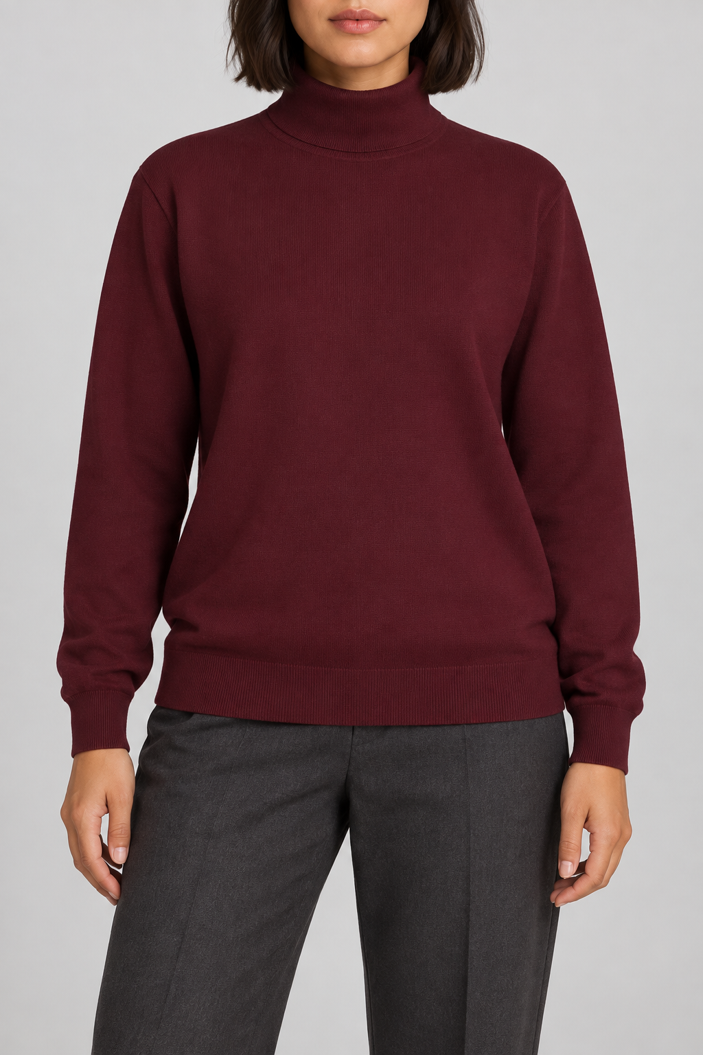 Hero front showing the plain Burgundy knit and high collar of Soft Horizon Turtleneck Sweater in Burgundy.