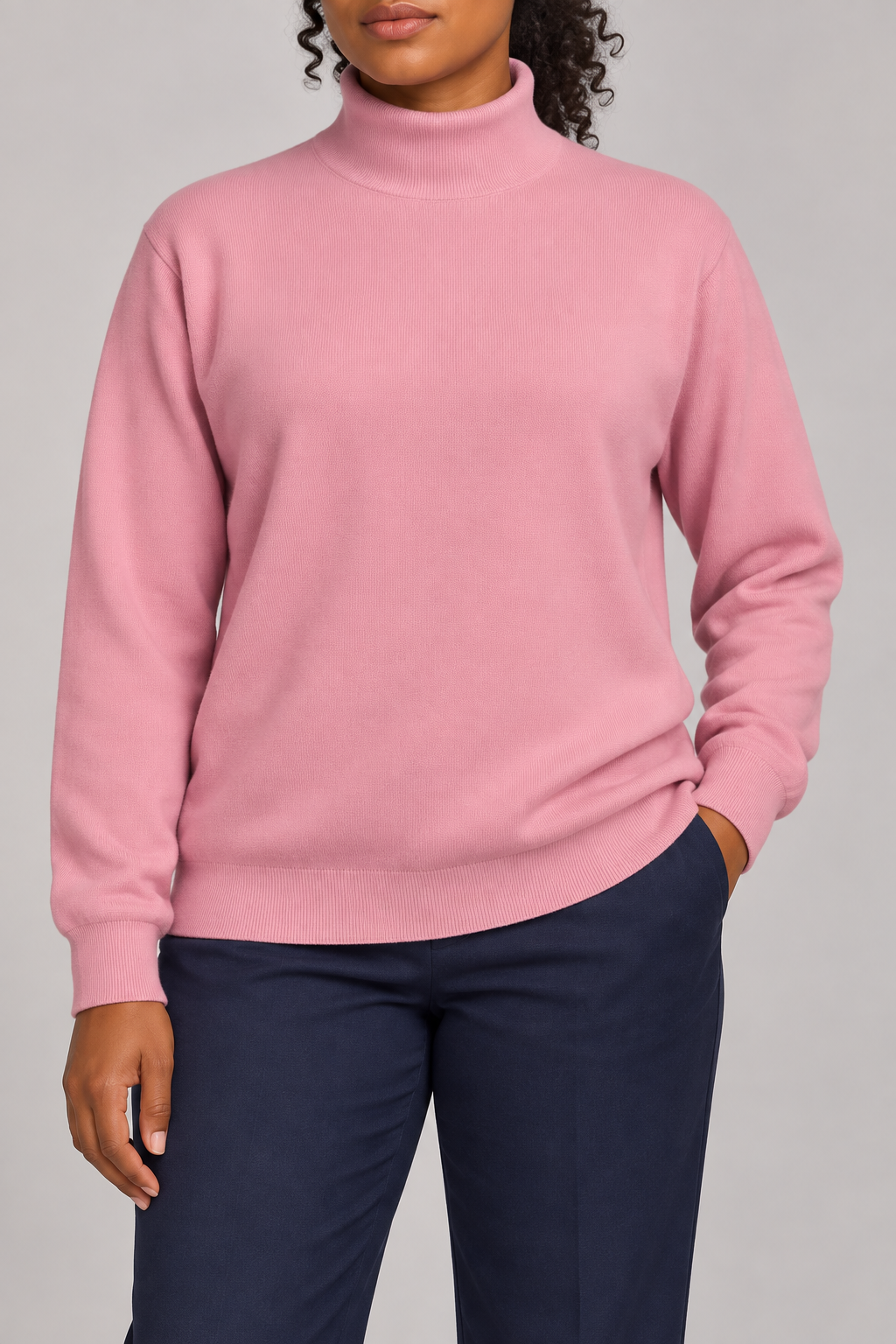 Hero front showing the plain Pink knit and high collar of Soft Horizon Turtleneck Sweater in Pink.