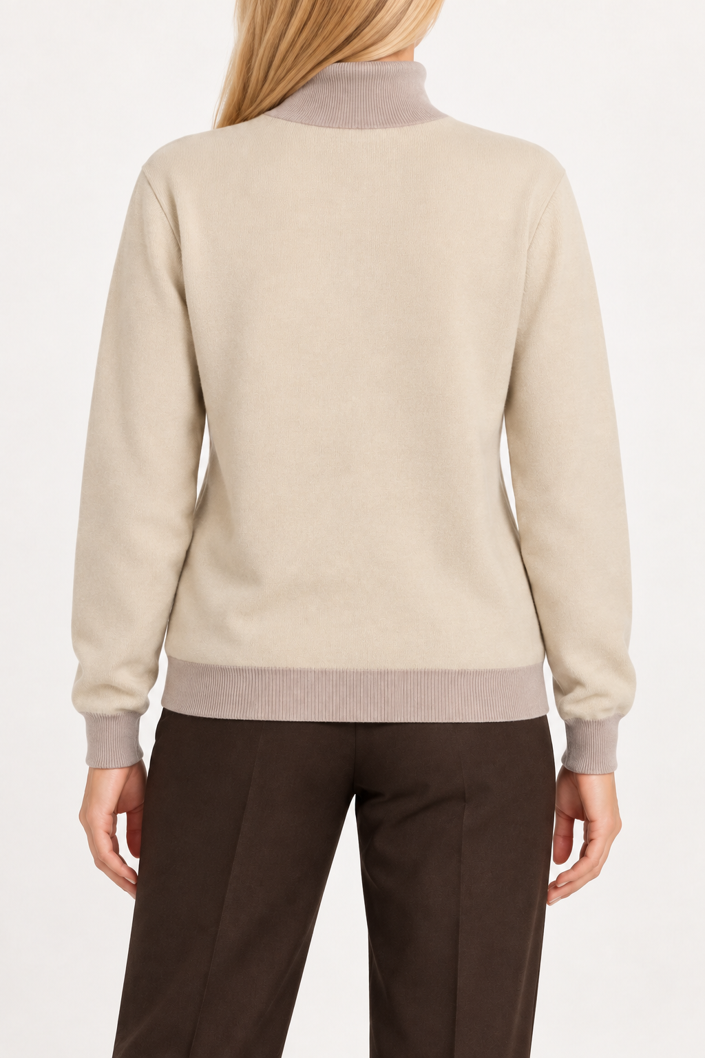 Rear view showing the Beige back and Coco trim of Soft Horizon Turtleneck in Beige with Coco Trim.