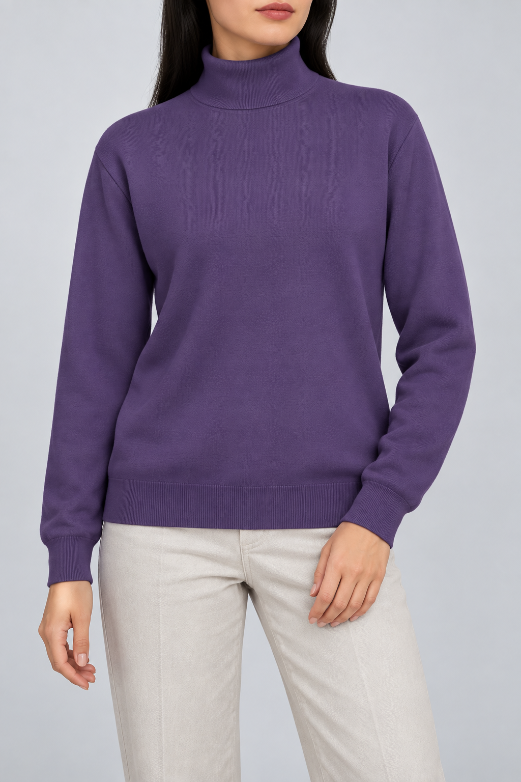 Hero front showing the plain Violet purple knit and high collar of Soft Horizon Turtleneck Sweater in Violet.
