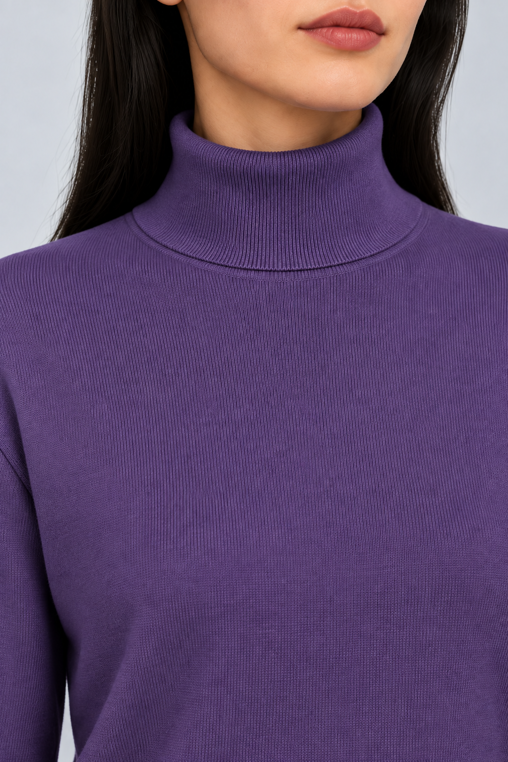 Close-up showing the Violet turtle collar and fine knit texture of Soft Horizon Turtleneck Sweater in Violet.