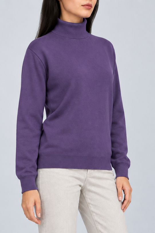 Three-quarter view showing the Violet silhouette and matching edges of Soft Horizon Turtleneck Sweater in Violet.