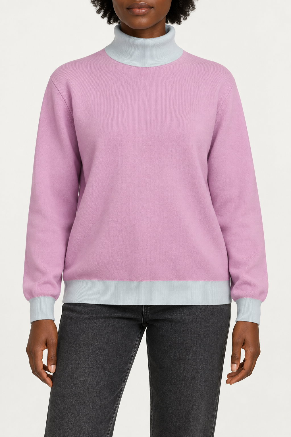 Hero front showing the plain Lilac knit with Powder collar and edges of Soft Horizon Turtleneck in Lilac with Powder Trim.