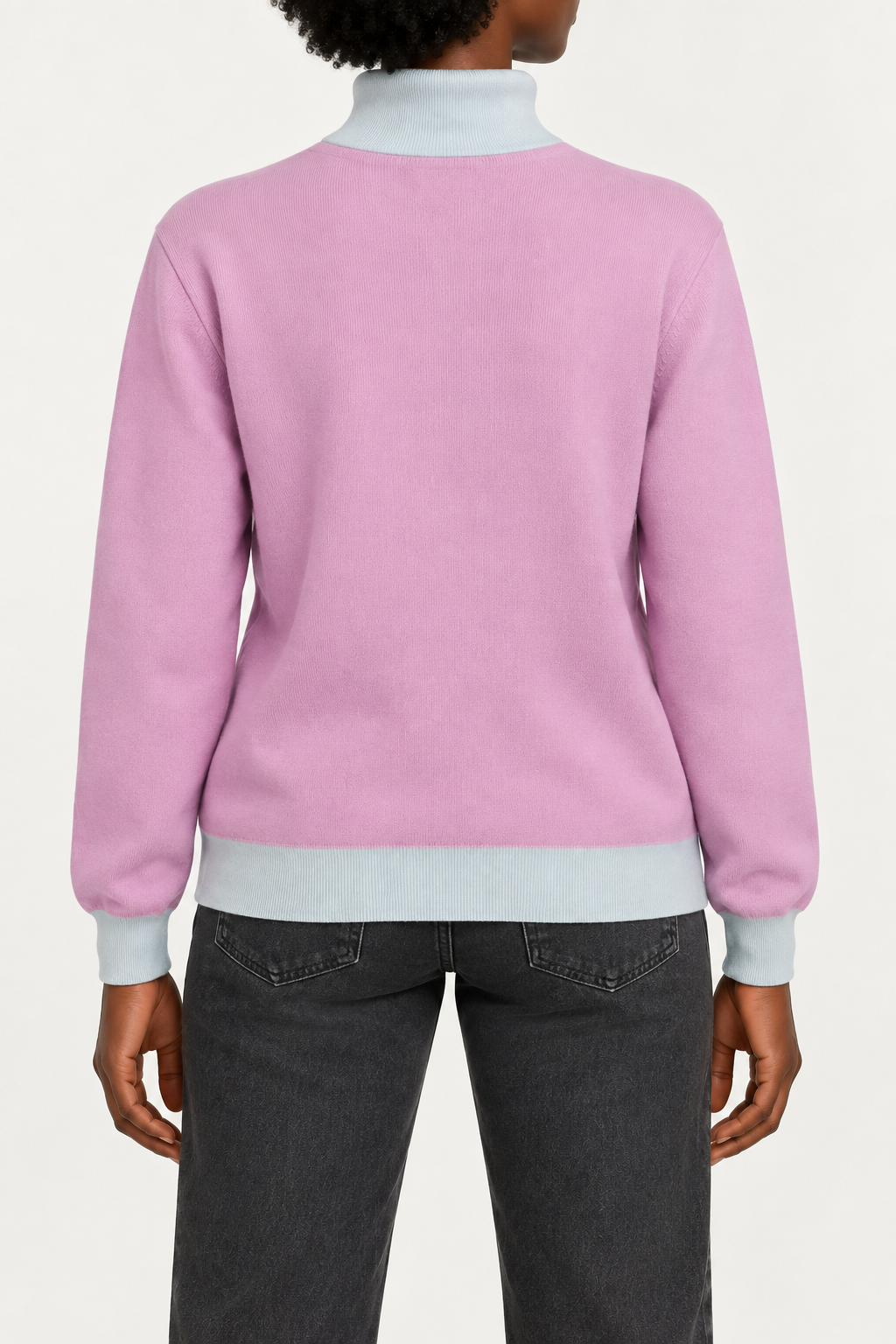 Rear view showing the Lilac back and Powder trim of Soft Horizon Turtleneck in Lilac with Powder Trim.