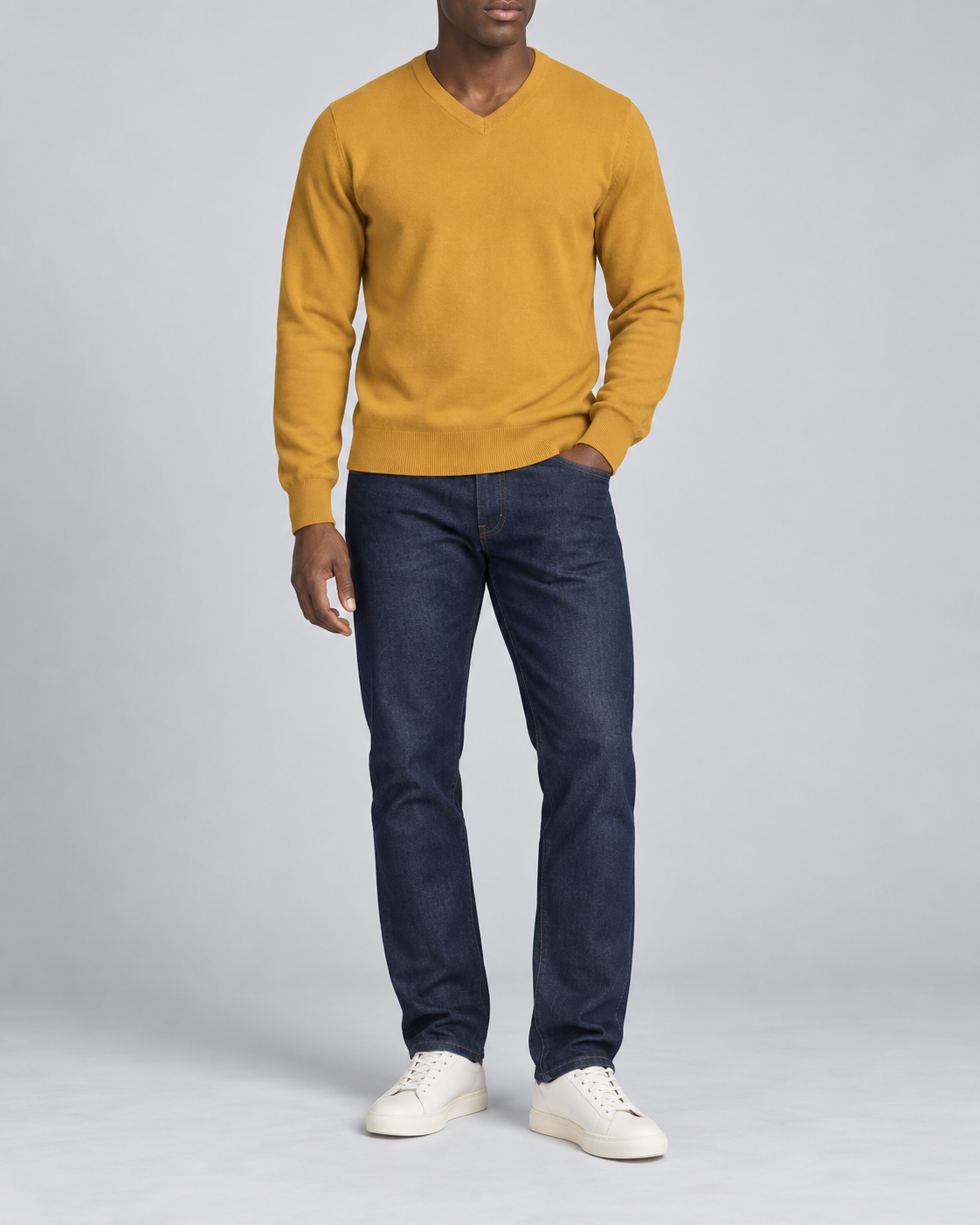 Hero front showing the plain Mustard V-neck sweater of Quiet Angle V-Neck Sweater in Mustard.