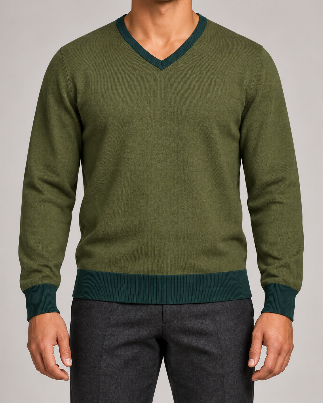 Quiet Angle V-Neck in Olive with Pine Trim