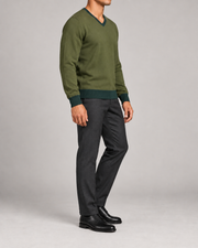 Side view showing the Olive classic fit and Pine trim of Quiet Angle V-Neck in Olive with Pine Trim.