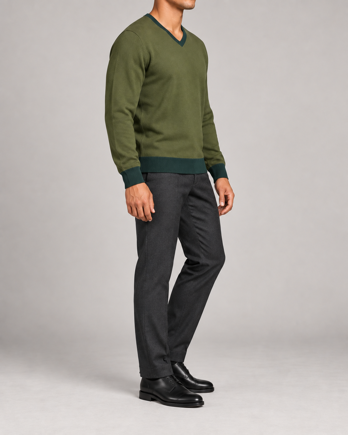 Side view showing the Olive classic fit and Pine trim of Quiet Angle V-Neck in Olive with Pine Trim.
