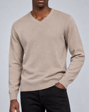 Close-up showing the Coco V neckline and fine knit of Quiet Angle V-Neck Sweater in Coco.