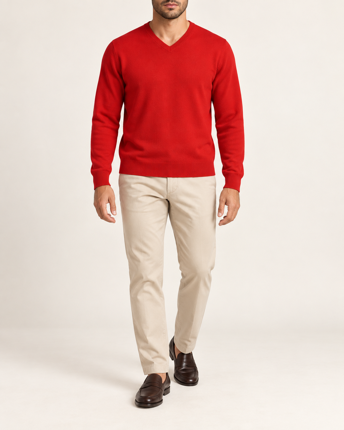 Hero front showing the plain Chili red V-neck sweater of Quiet Angle V-Neck Sweater in Chili.