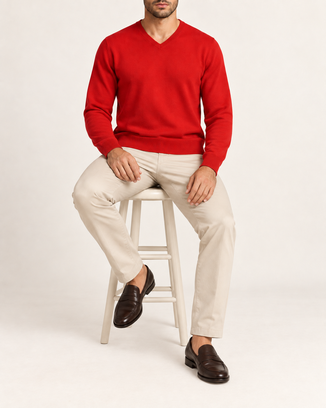 Seated view showing the Chili red knit drape of Quiet Angle V-Neck Sweater in Chili.