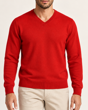 Close-up showing the Chili red V neckline and fine knit of Quiet Angle V-Neck Sweater in Chili.
